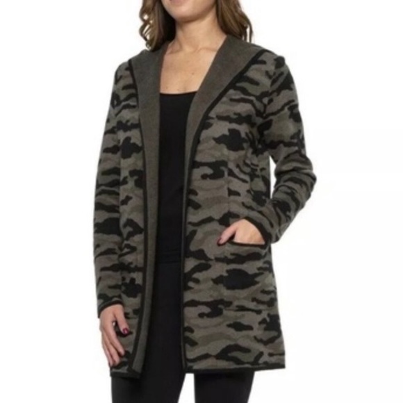 RACHEL ZOE Oversized CAMO Cardigan Sweater Black Olive Army Green Hood Sz XS S - Picture 2 of 15